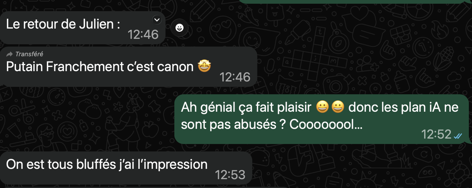 Capture WhatsApp : le retour de Julien, « Putain franchement c'est canon », puis « On est tous bluffés j'ai l'impression »